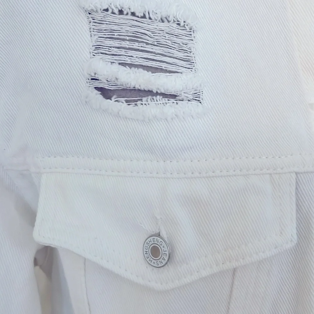 SHEIN White Jean Distressed Denim Crop Jacket S NWOT